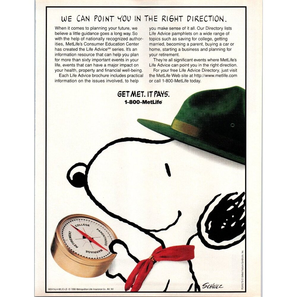 1996 Met Life Insurancce Get Met it Pays Vintage Print Ad Snoopy 90s Wall Art